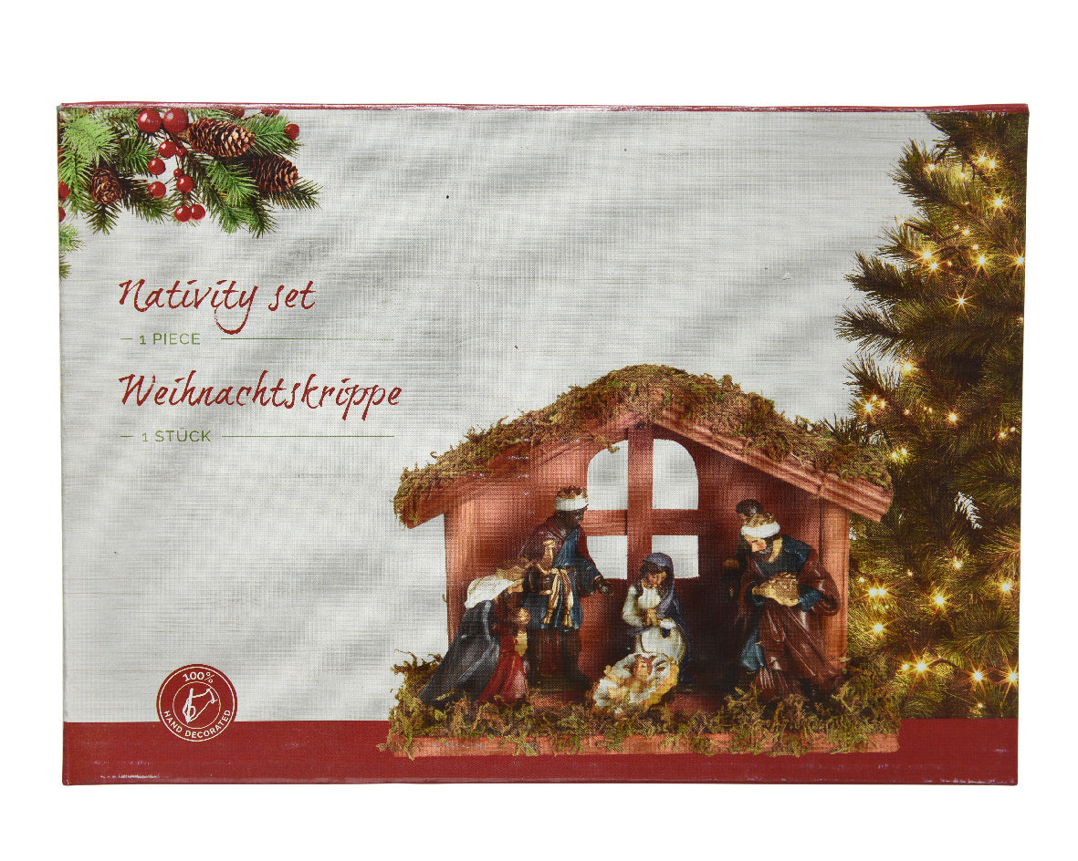 Nativity house with Mary, Joseph, Jesus & 3 Kings