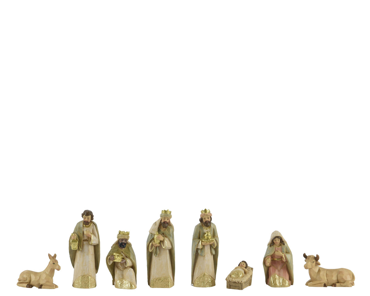 Nativity set featuring Mary, Joseph, baby Jesus, 3 Kings, donkey and cow