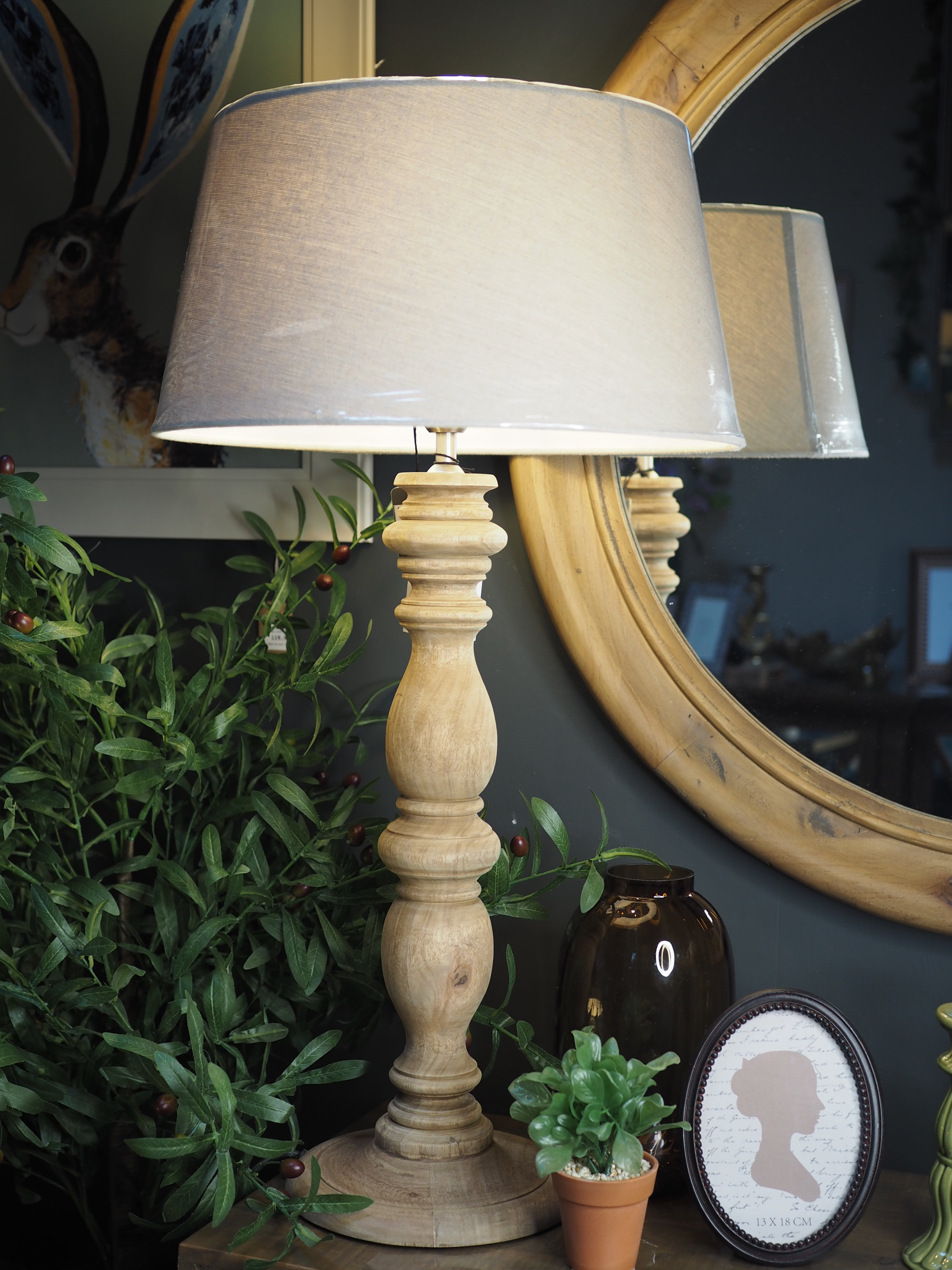 Natural wooden base table lamp with linen shade