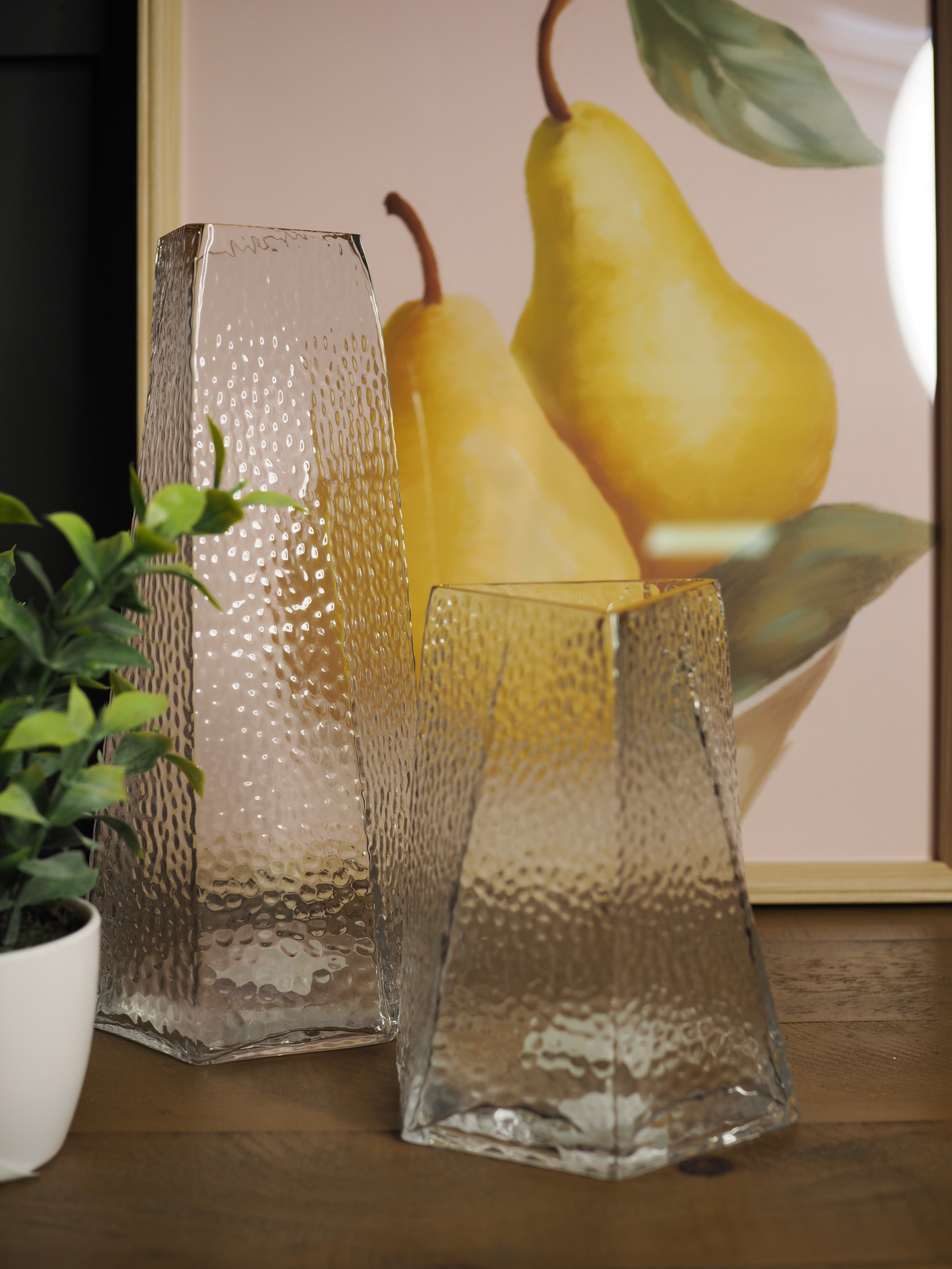Short hammered glass vase