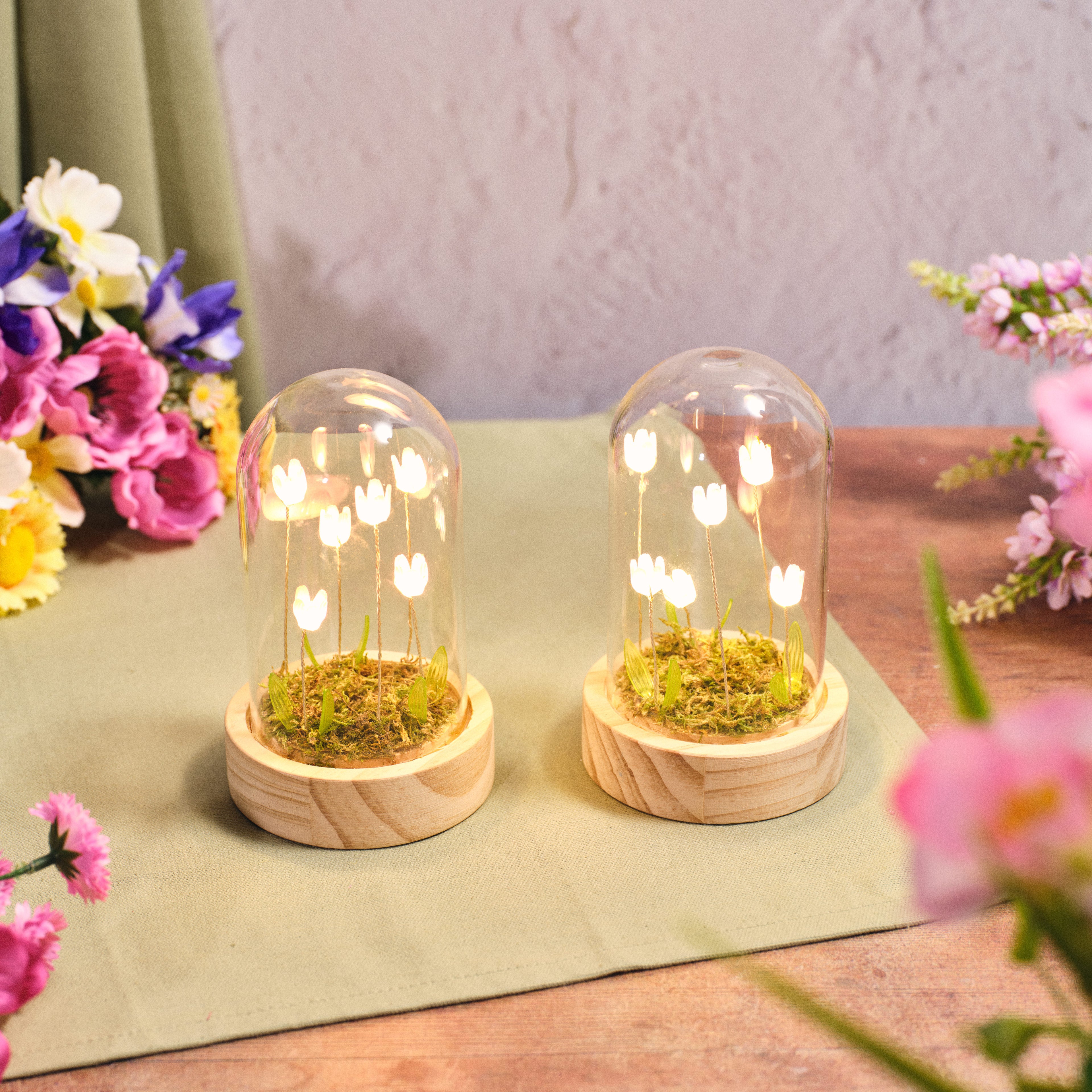 Light up glass dome with tulips