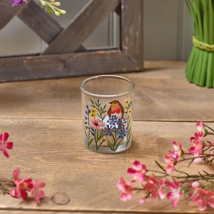 Garden birds hand painted robin & flowers t-light