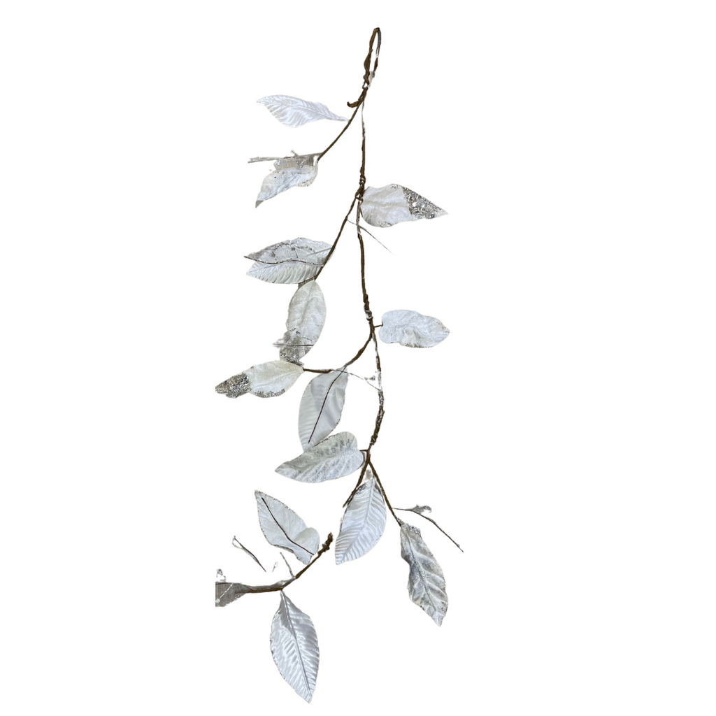 White and silver glitter leaf garland
