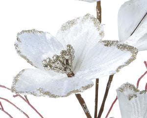 Winter white velvet floral spray with gold glitter