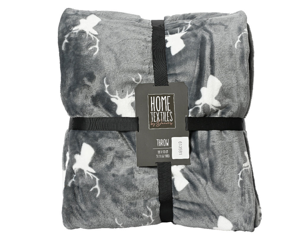 Stag head print cozy throw in grey and cream
