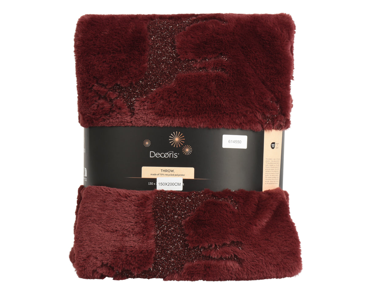 Luxurious burgundy faux fur throw with Reindeer