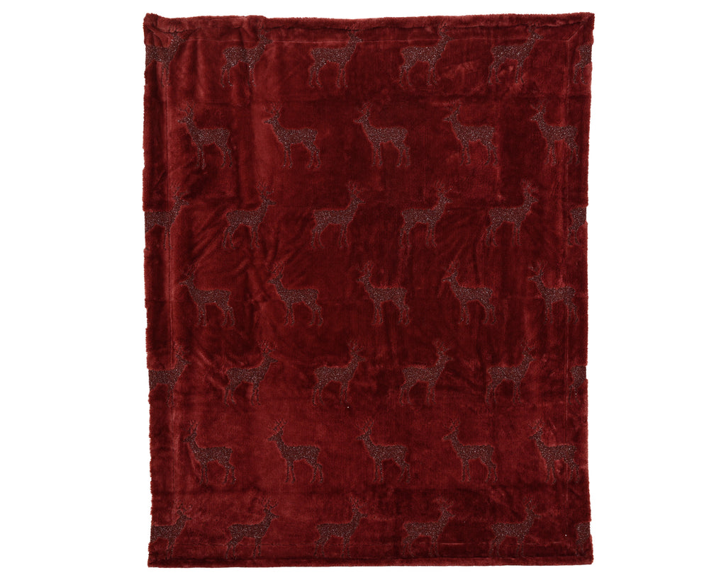 Luxurious burgundy faux fur throw with Reindeer