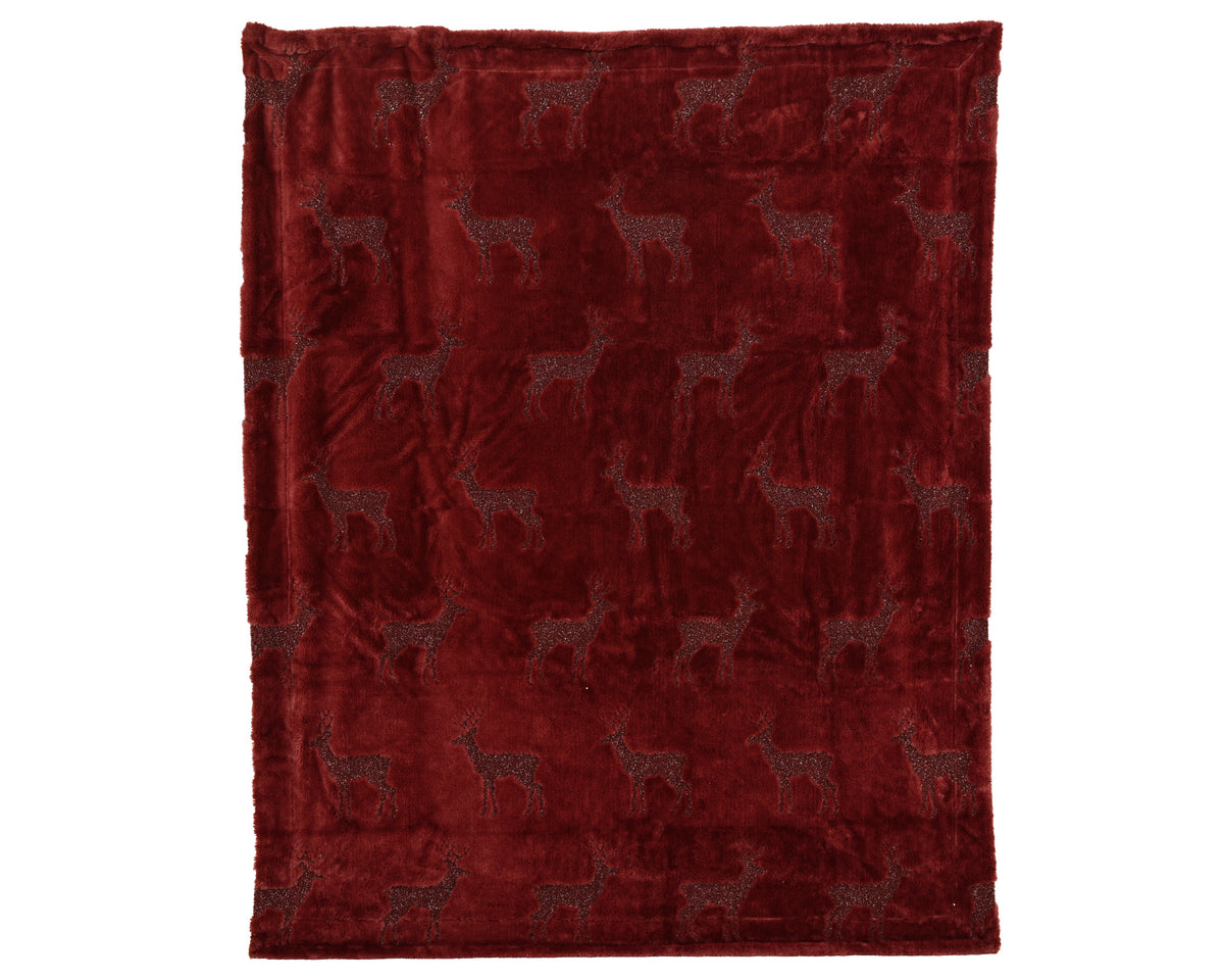 Luxurious burgundy faux fur throw with Reindeer