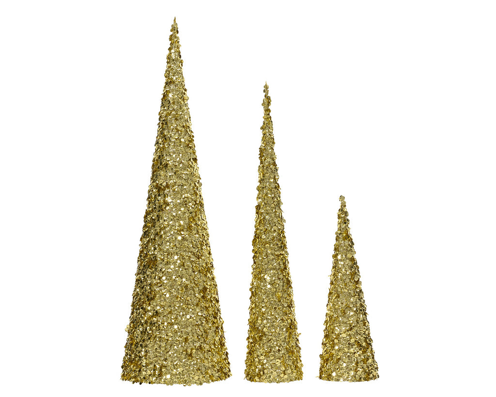 Set of 3 Gold Sequin Cone Shaped Trees