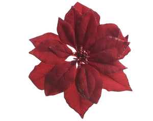 Burgundy poinsettia flower clip with glitter edges