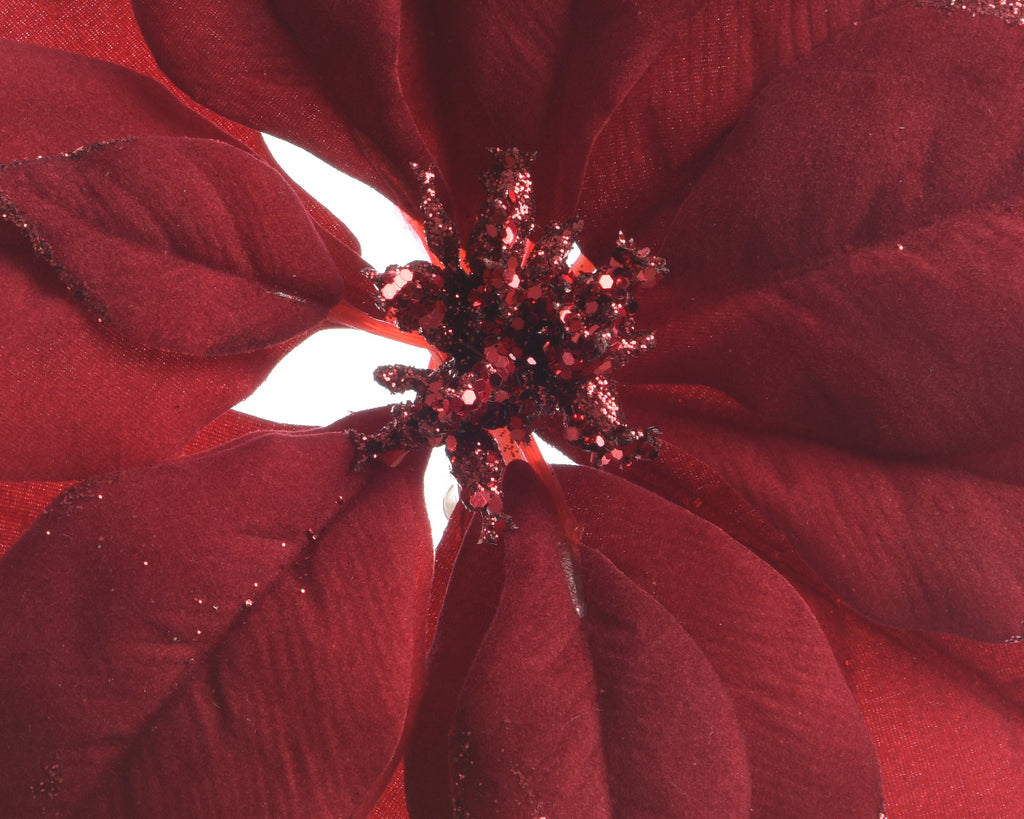 Burgundy poinsettia flower clip with glitter edges