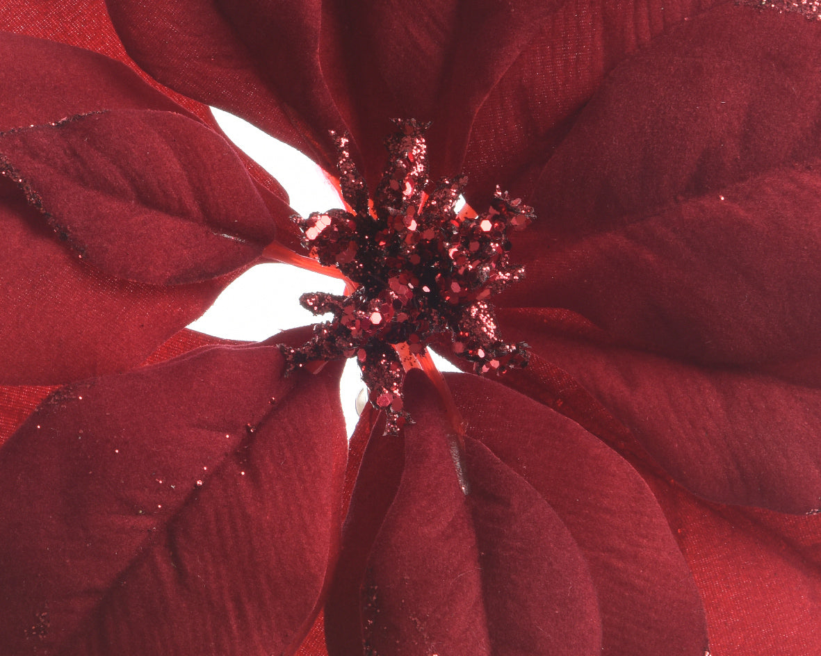 Burgundy poinsettia flower clip with glitter edges