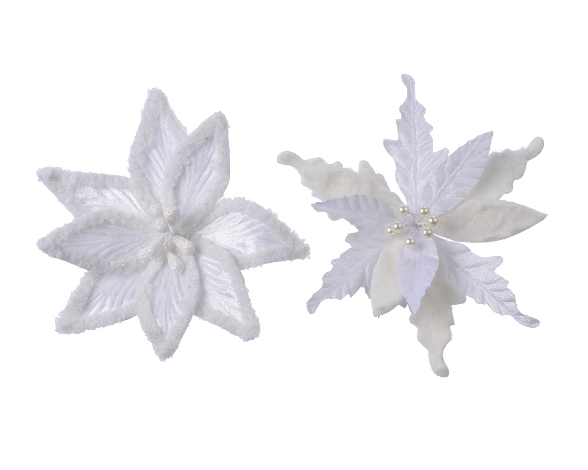 Clip On White Velvet Poinsettia Decoration with Artificial Fur