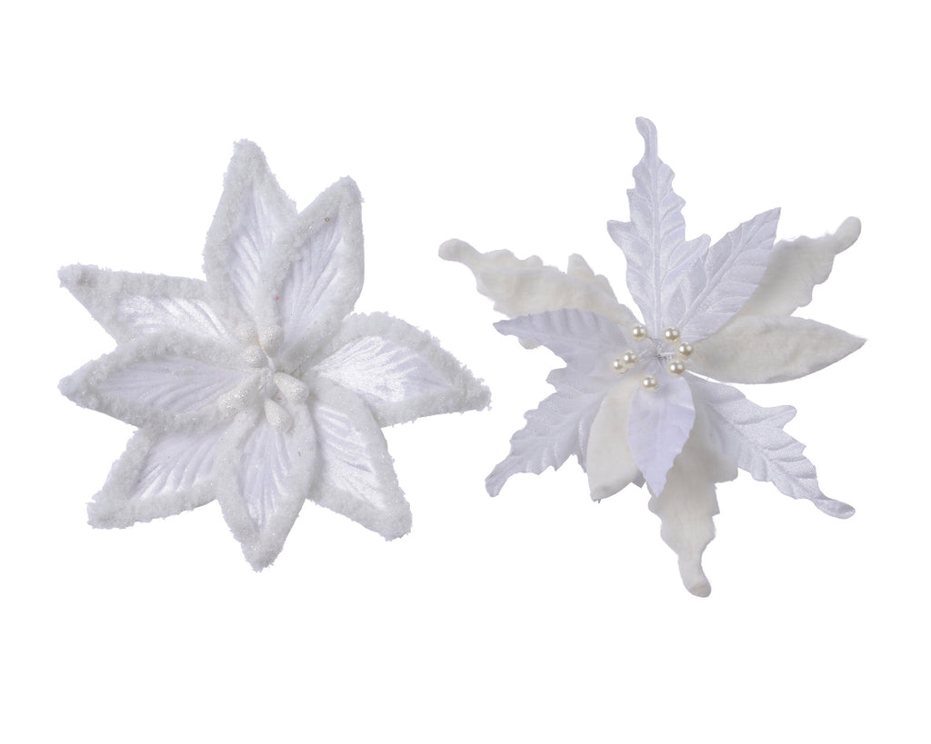 Clip On White Velvet Poinsettia Decoration with Artificial Fur