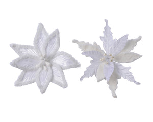 Clip On White Velvet Poinsettia Decoration with Artificial Fur
