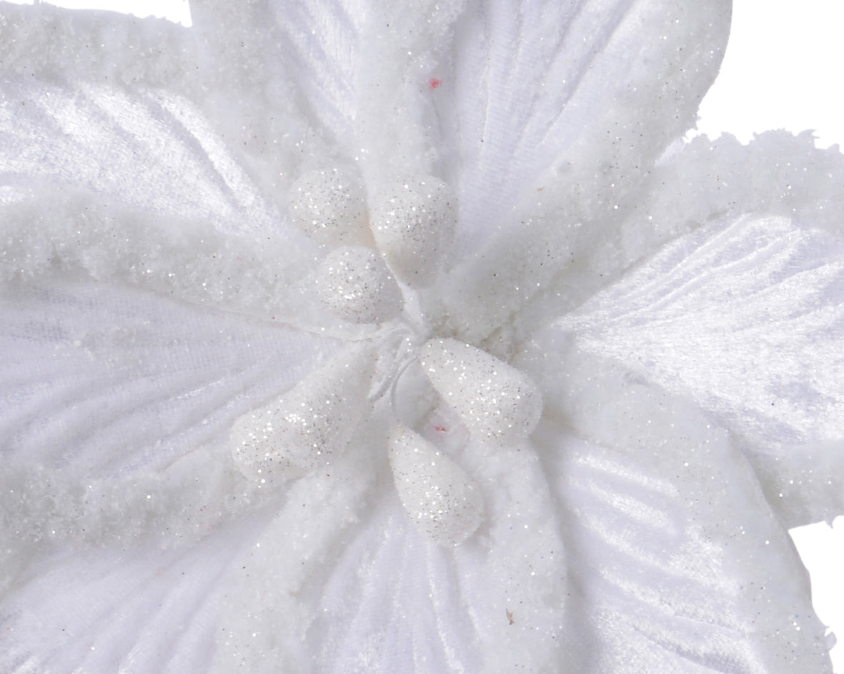 Clip On White Velvet Poinsettia Decoration with Artificial Fur