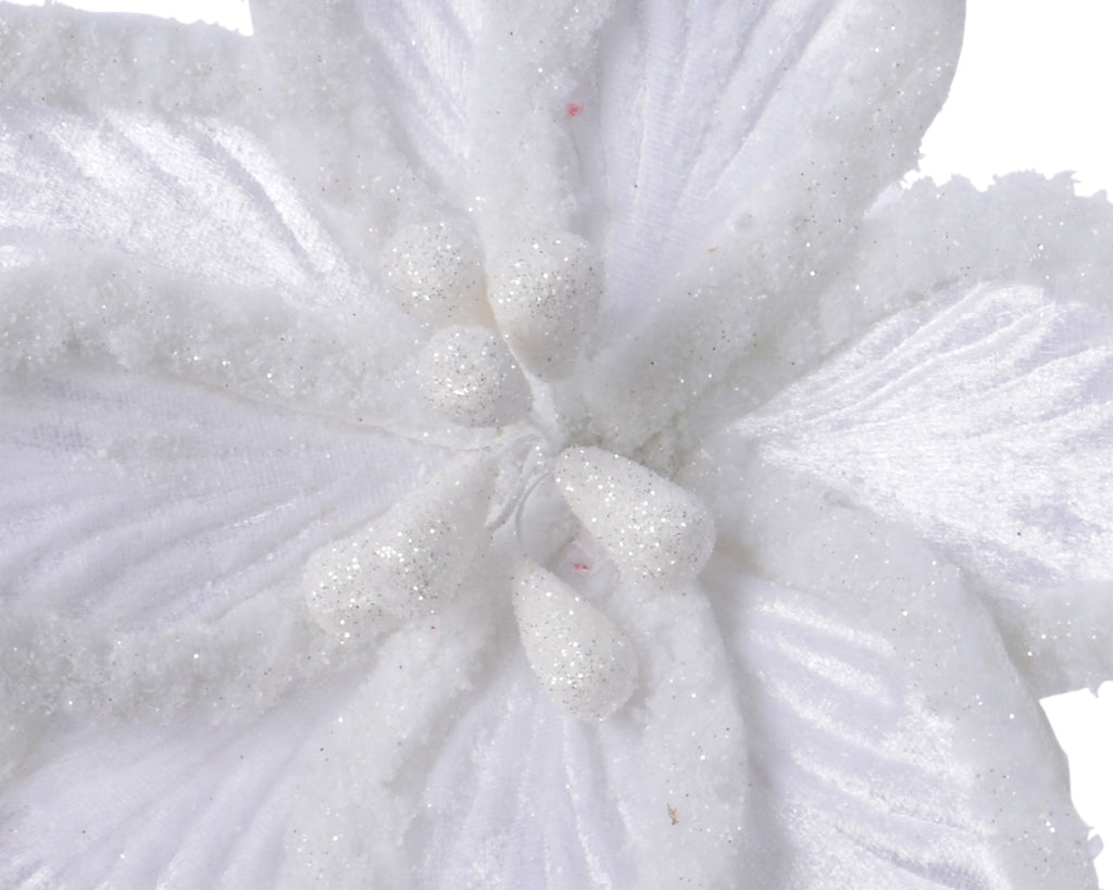Clip On White Velvet Poinsettia Decoration with Artificial Fur
