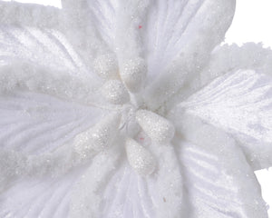 Clip On White Velvet Poinsettia Decoration with Artificial Fur