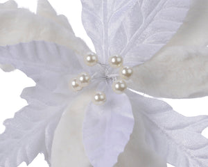 Clip On White Velvet Poinsettia Decoration with Artificial Fur