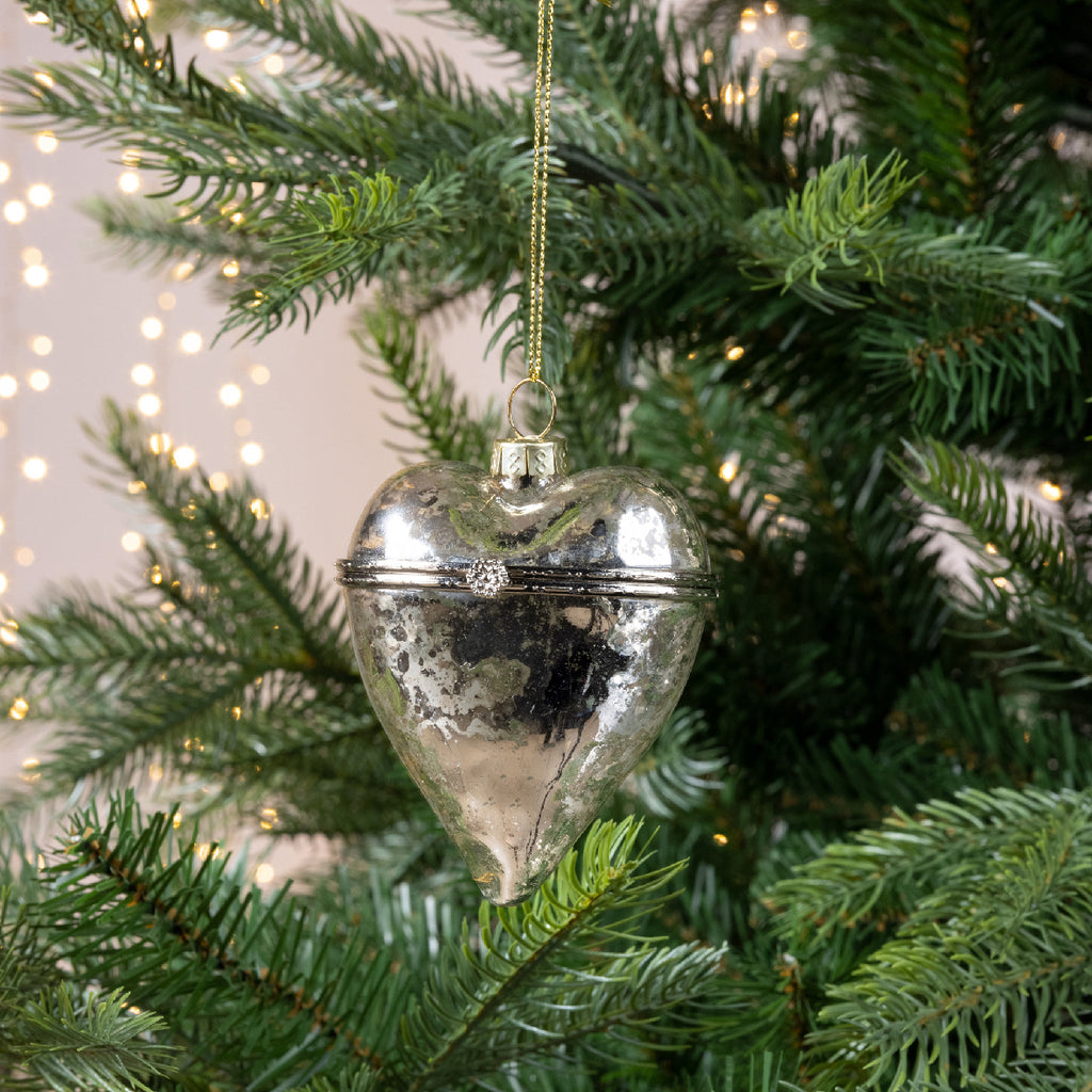 Antique Style Silver Glass Heart Hanging Decoration