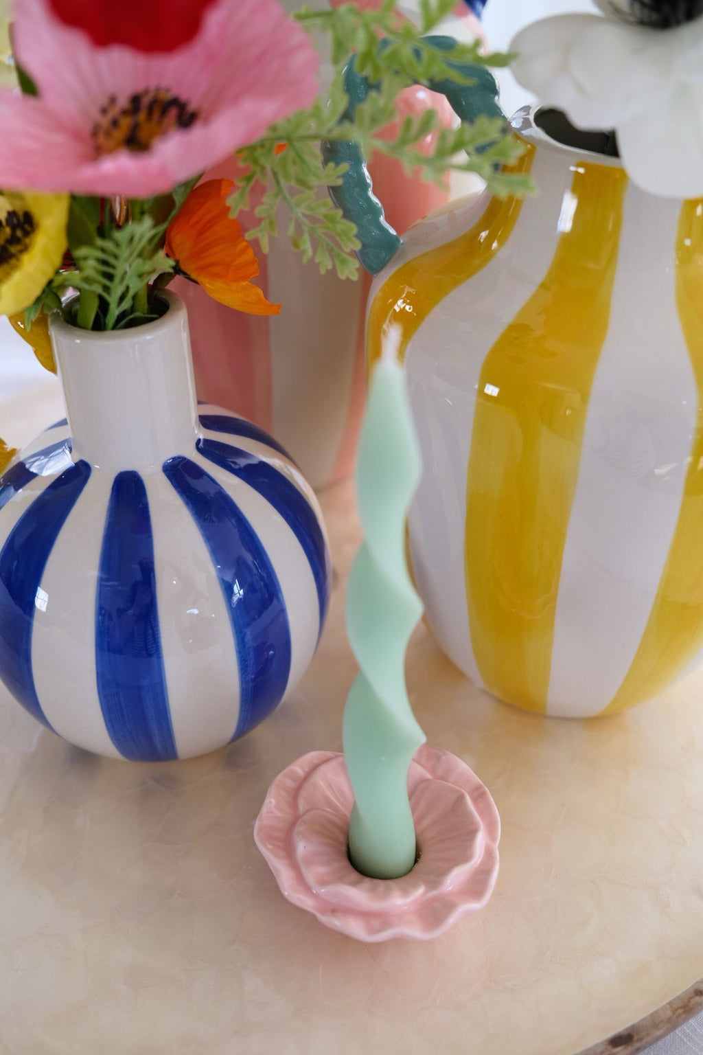 Blue & white stripe vase with yellow rope handle