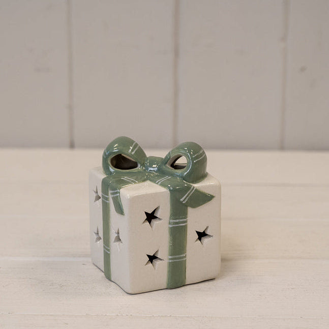 LED white ceramic present with green bow - H 9cm