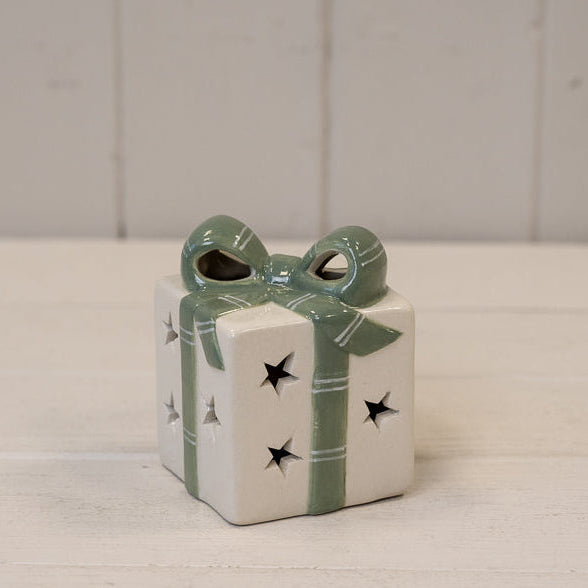LED white ceramic present with green bow - H 10cm