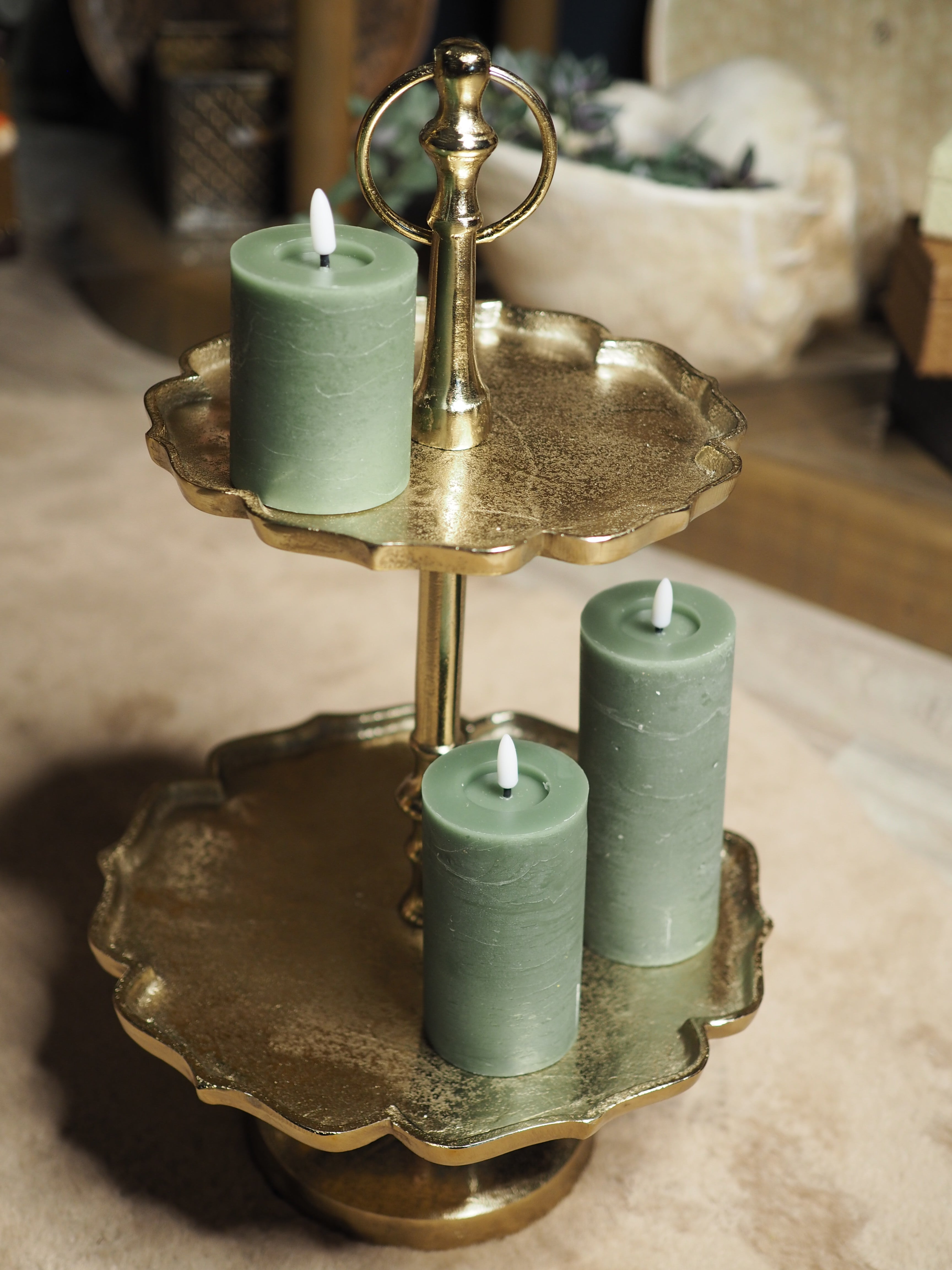 Green LED wax pillar candle (11.2cmH)