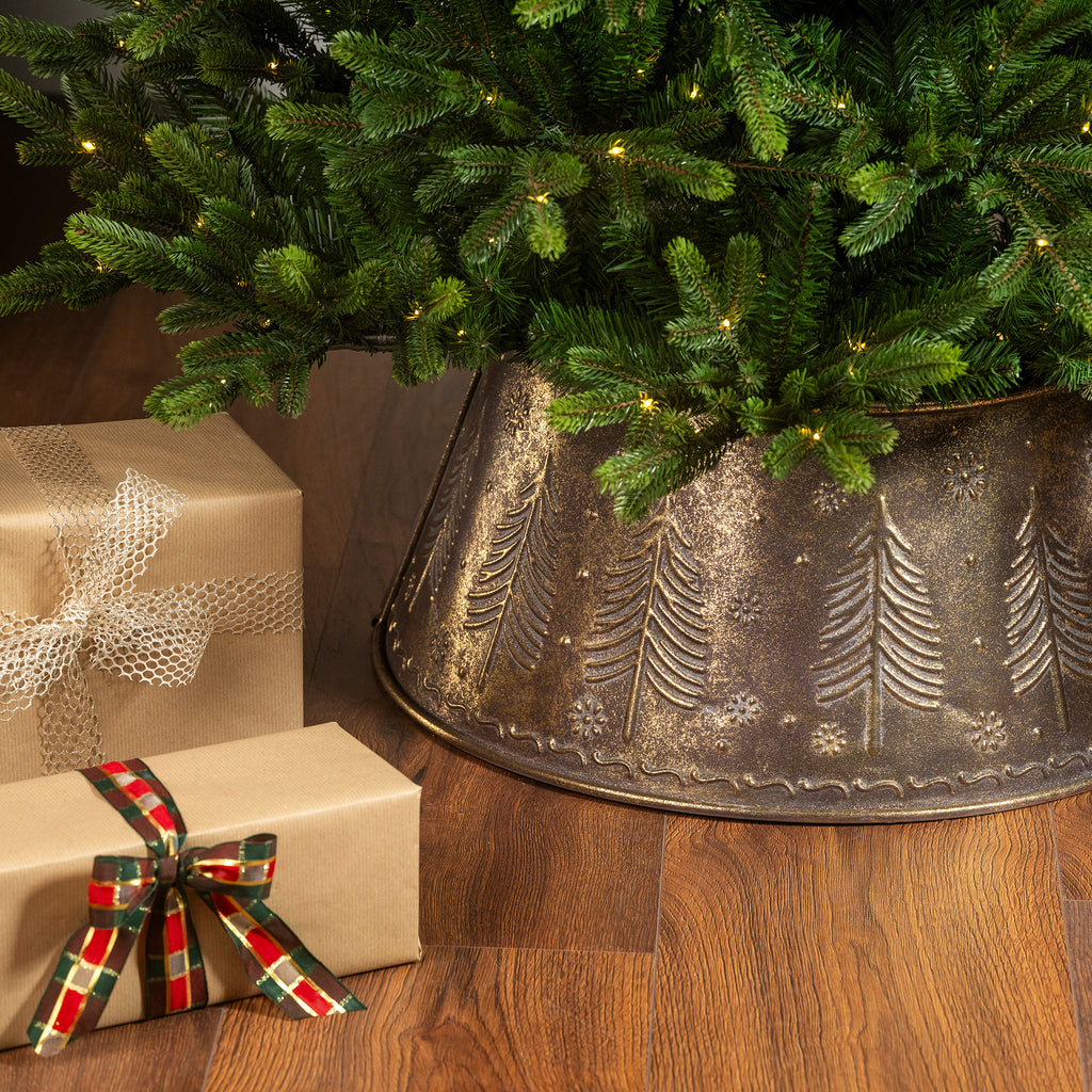 Antique gold small tree skirt/ring with embossed tree (up to 6ft or slim 7ft)