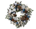 Frosted blue and silver wreath with snowflake, white berries and white poinsettia