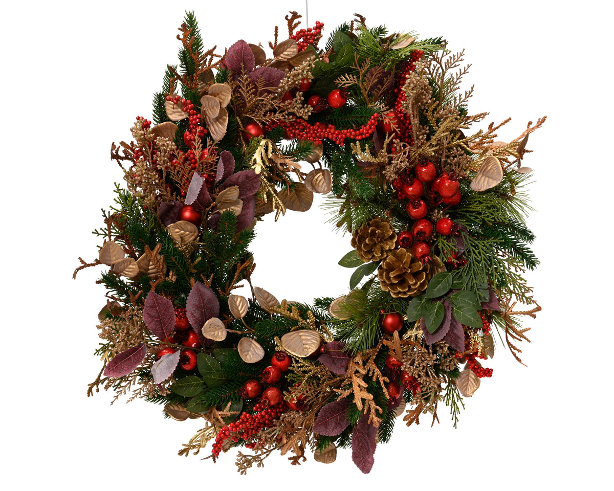 Red berry, gold leaf and pine cone wreath