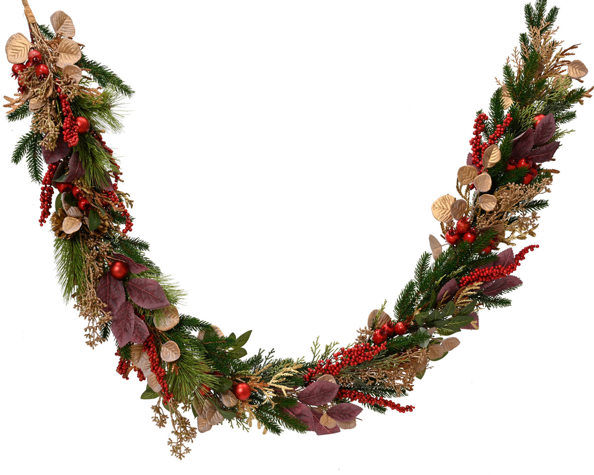 Red berry, gold leaf and pine cone garland