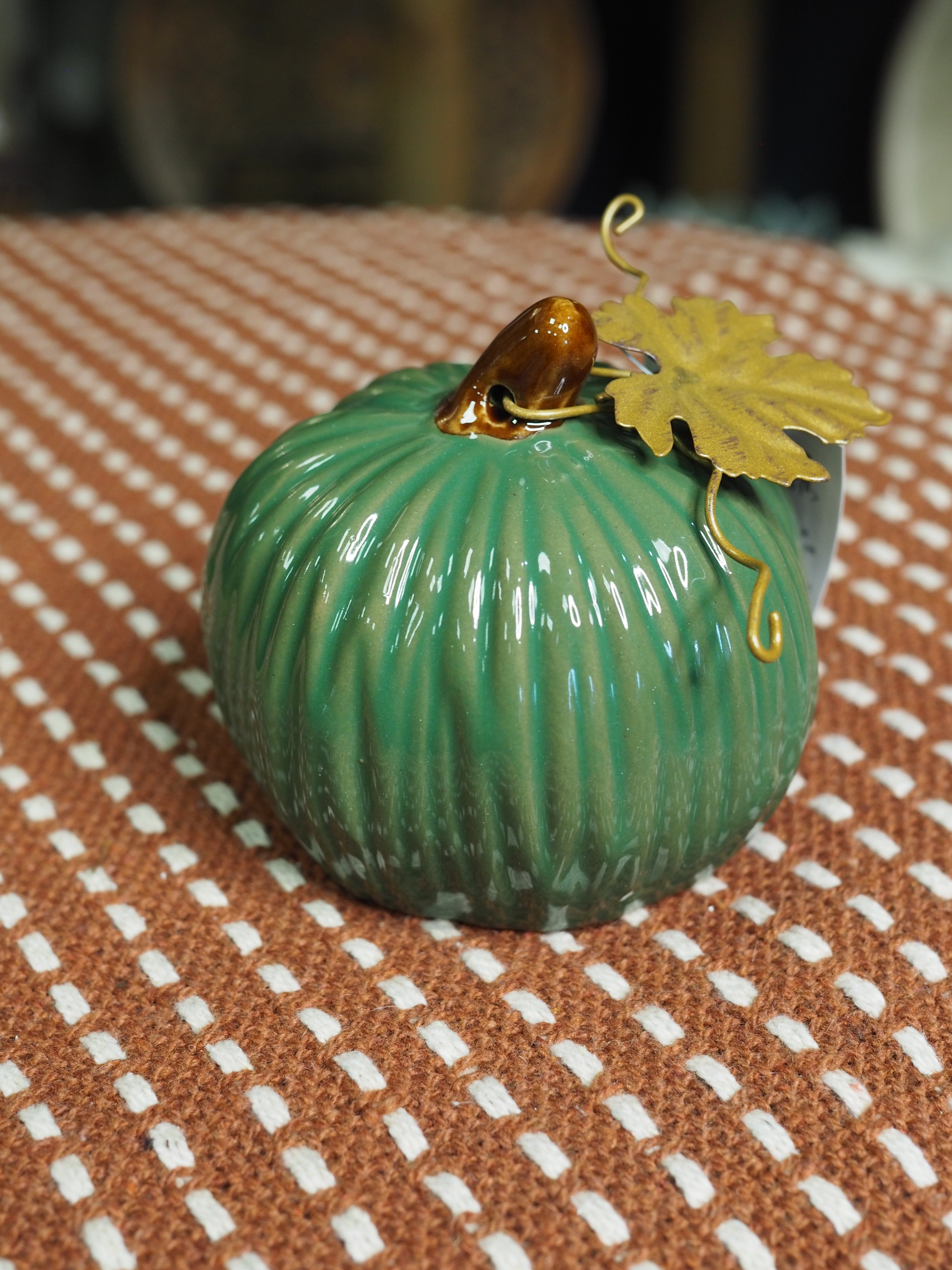 Green glossy stoneware mini pumpkin ornament with gold leaf