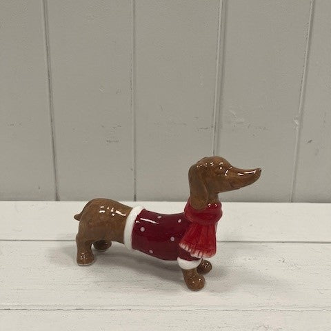 Ceramic sausage dog with Christmas sweater and scarf - small