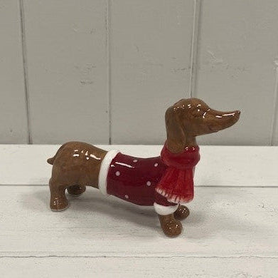 Ceramic sausage dog with Christmas sweater and scarf - large
