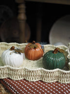 Green glossy stoneware mini pumpkin ornament with gold leaf