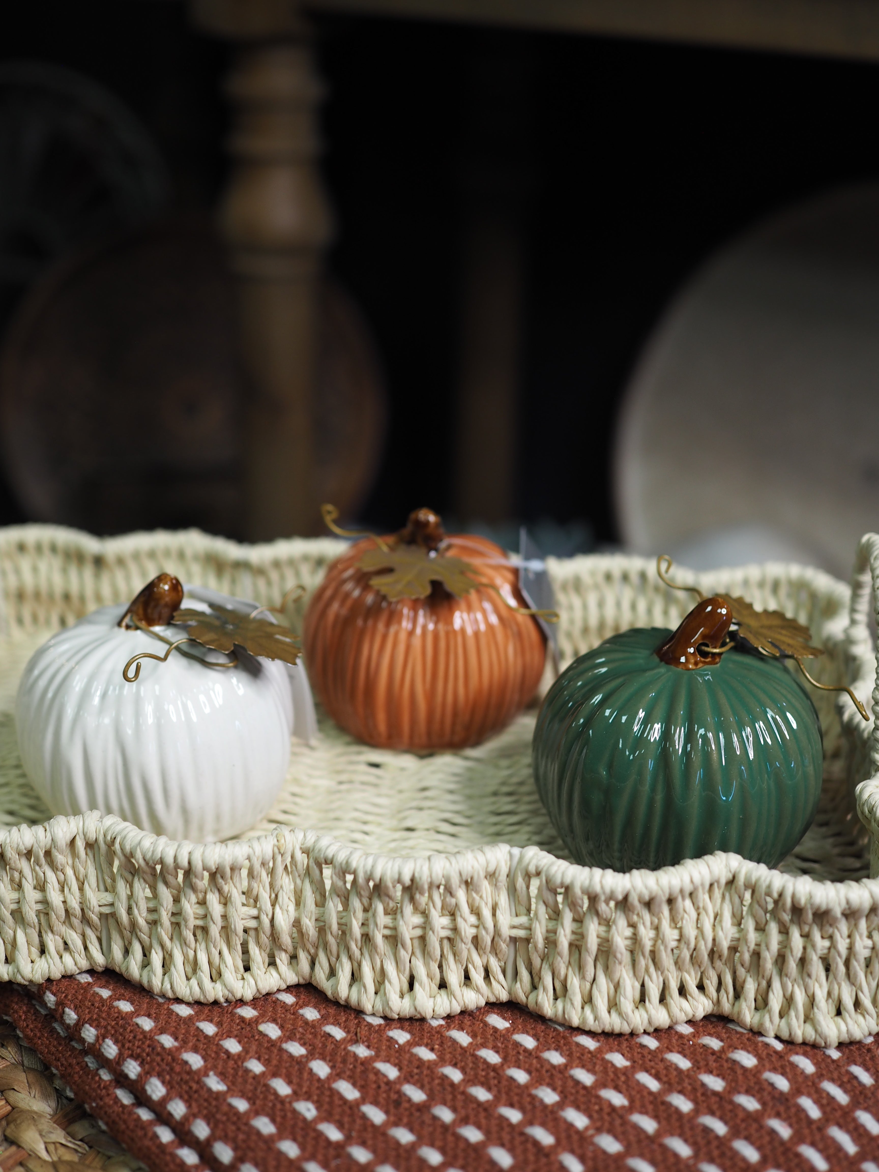Green glossy stoneware mini pumpkin ornament with gold leaf