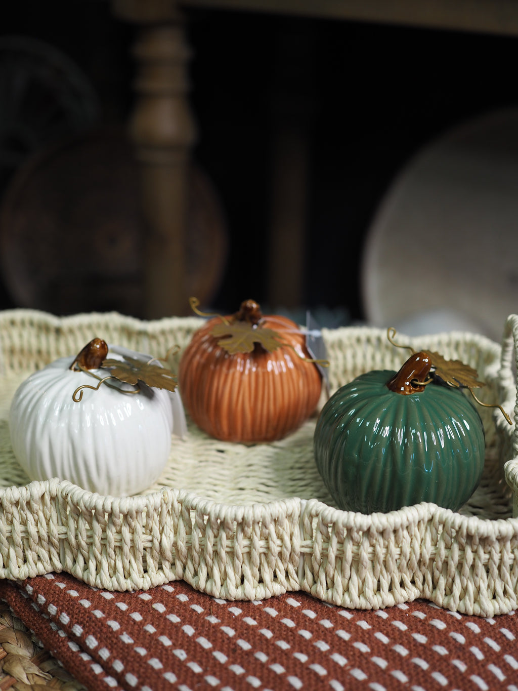 Green glossy stoneware mini pumpkin ornament with gold leaf