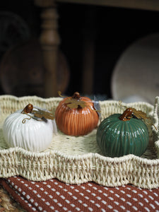 Green glossy stoneware mini pumpkin ornament with gold leaf