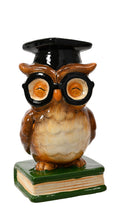 Terracotta owl with top hat perched on book