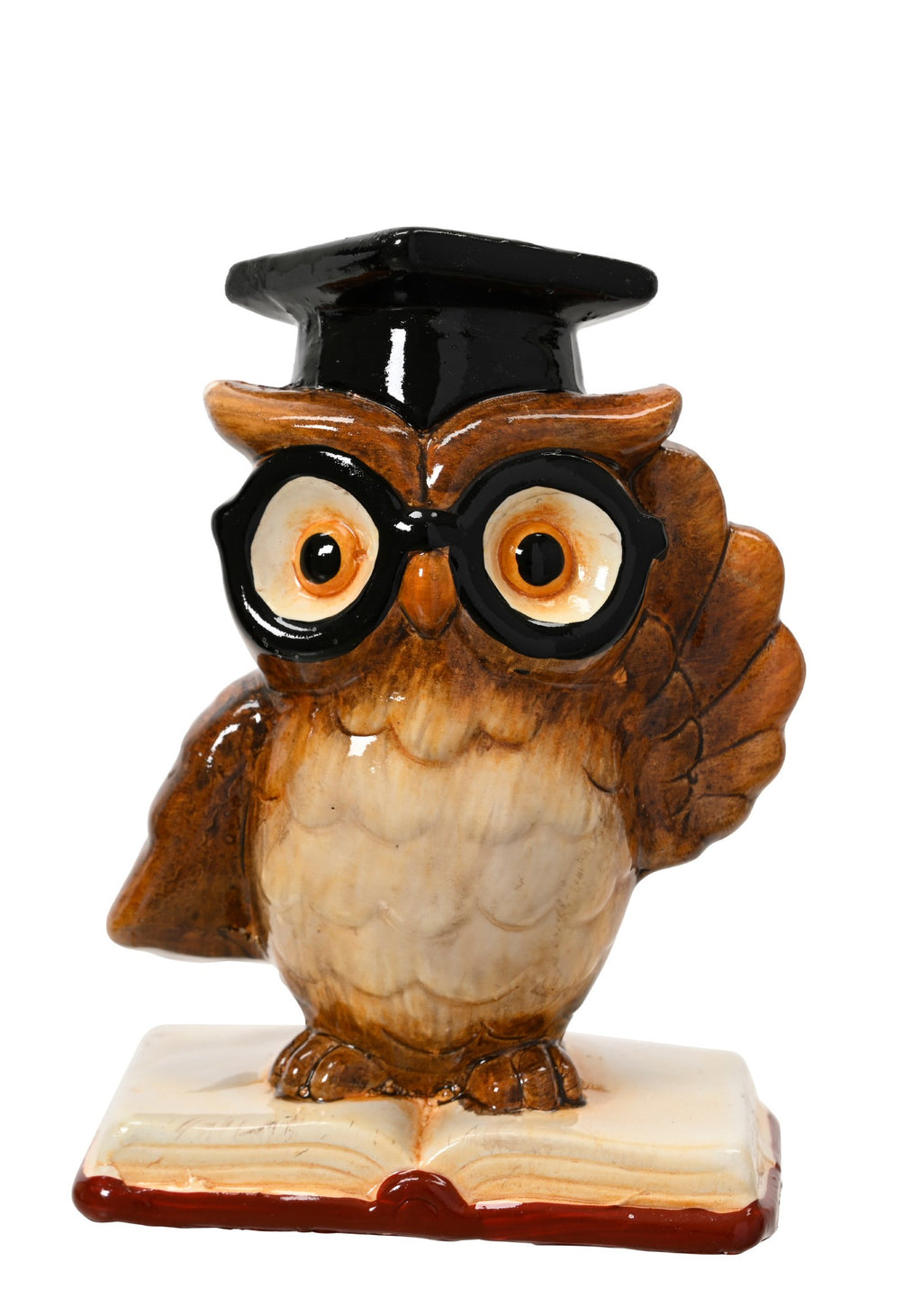 Terracotta owl with top hat perched on book
