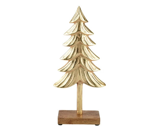 Gold Christmas tree on a natural wood base