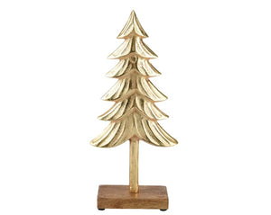 Gold Christmas tree on a natural wood base