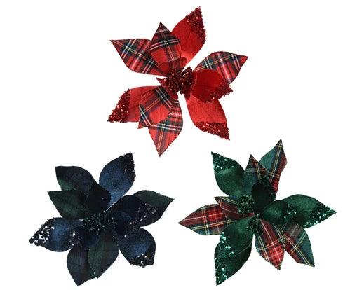 Tartan poinsettia flower clips