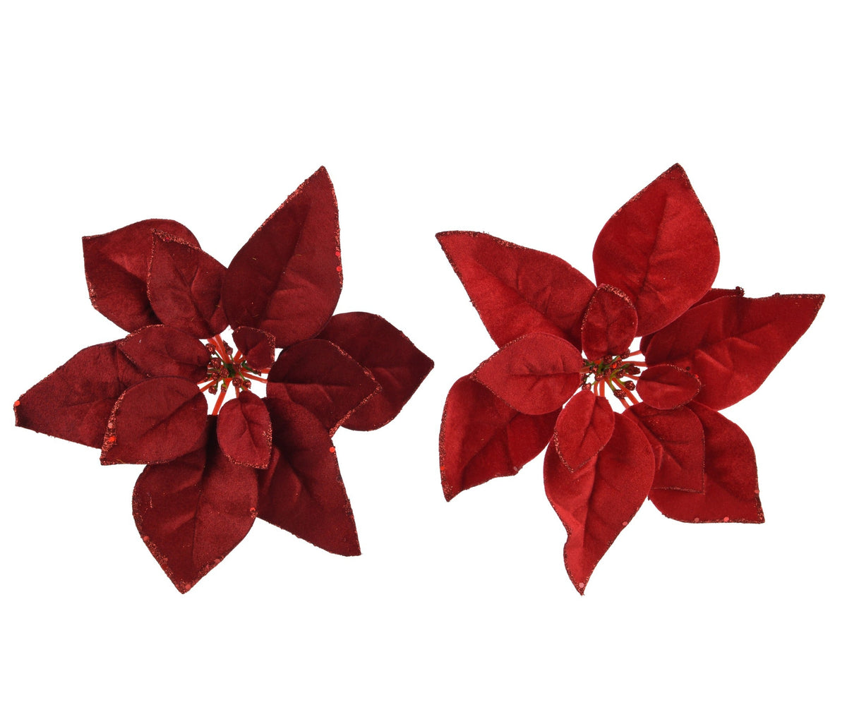 Velvet clip on poinsettia with glitter edging