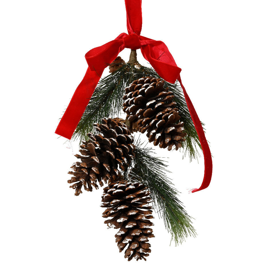 Large frosted pinecones hanging dec with Christmas red bow 36cmH