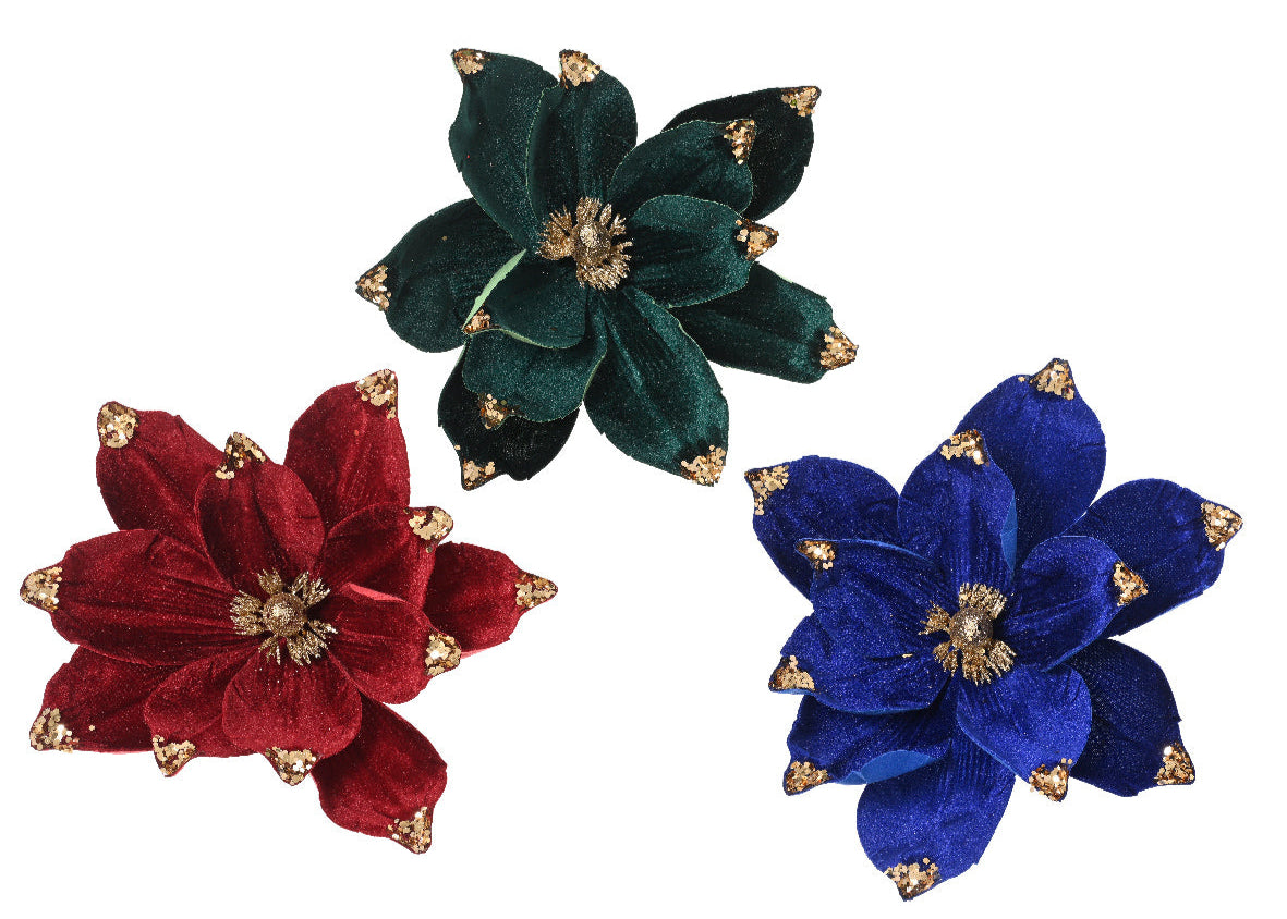 Velvet Magnolia Clip On Flowers with Glitter Sequins