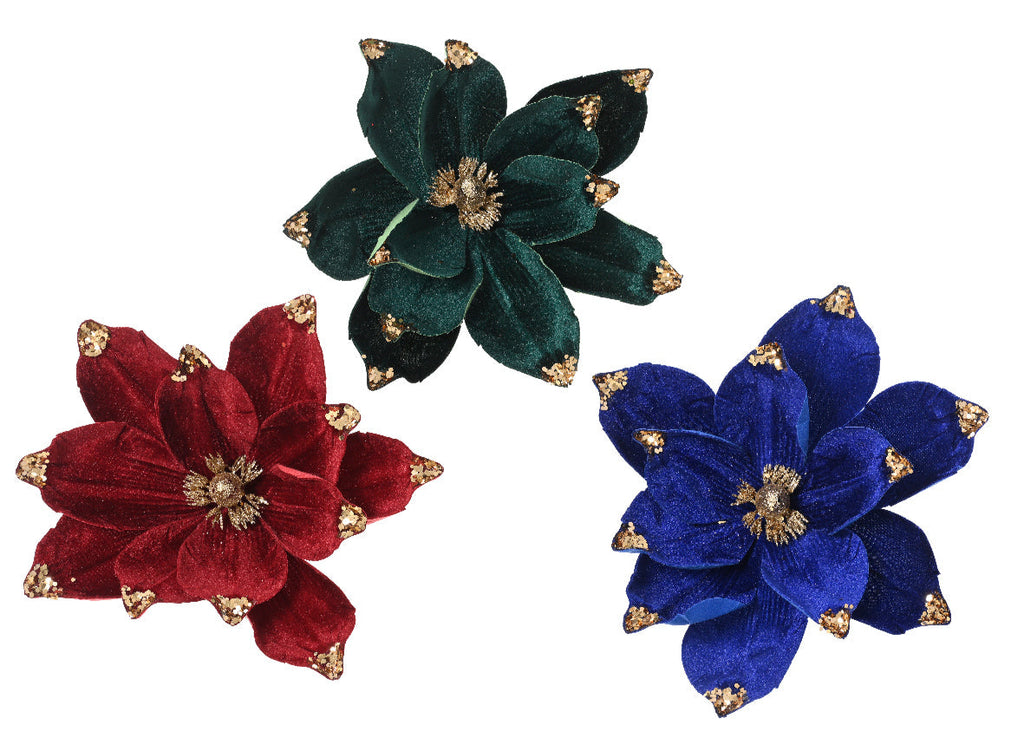 Velvet Magnolia Clip On Flowers with Glitter Sequins
