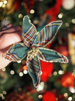 Tartan fabric poinsettia clips