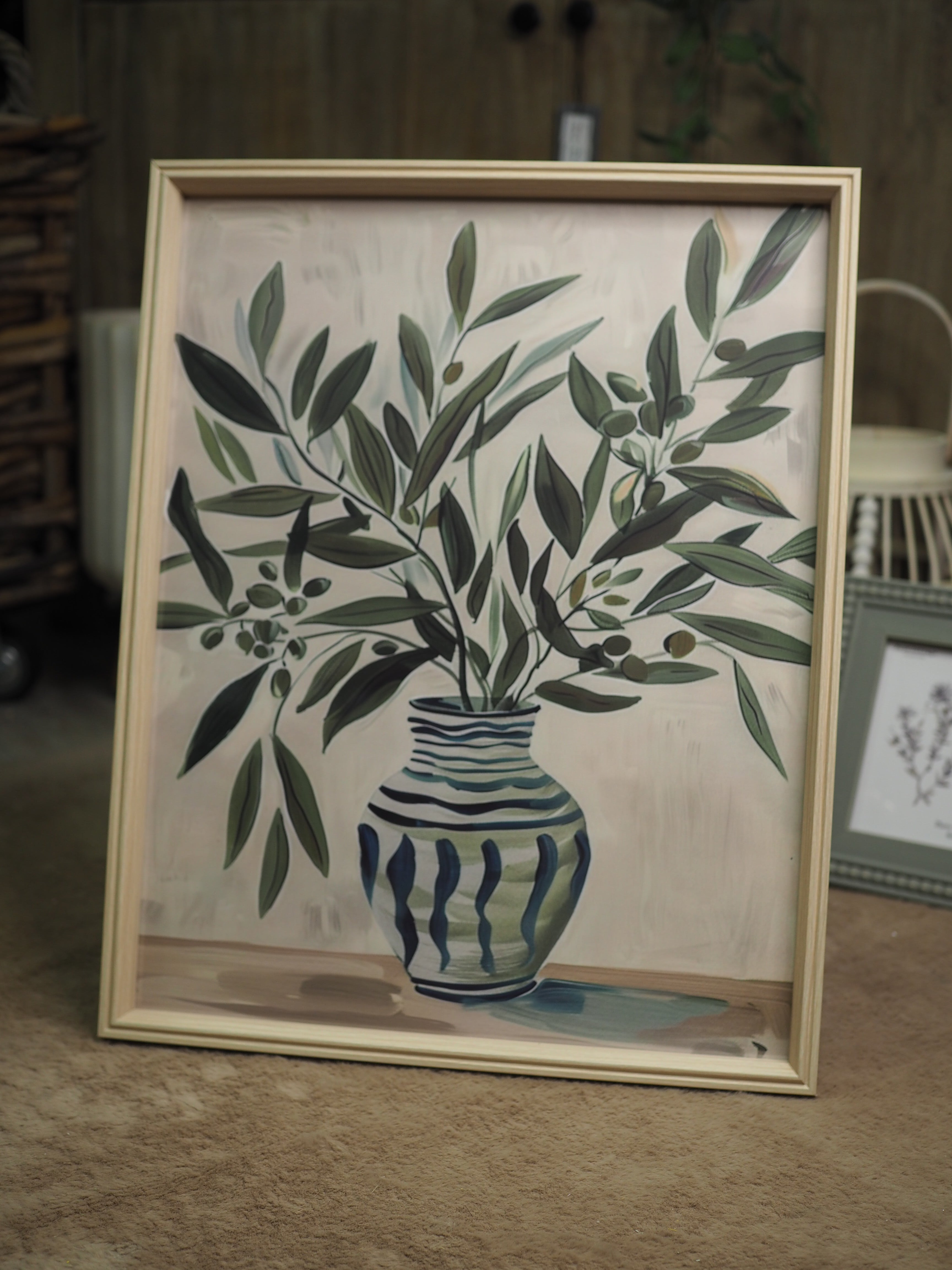 Olive branches vase framed print